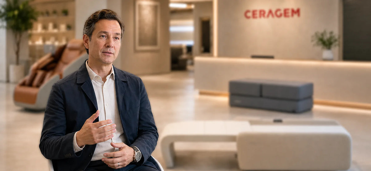 CERAGEM Independent Sales Associate speaking during an interview in a showroom