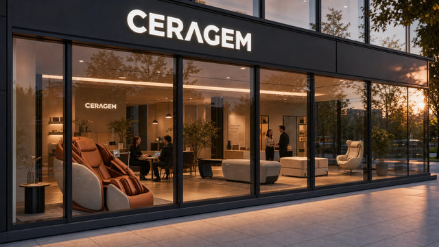 Illuminated CERAGEM retail storefront at dusk with wellness chairs on display